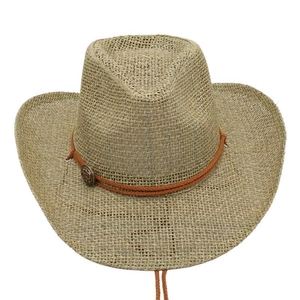 Detail of hand-woven straw cowboy hat featuring orange cord and vintage metal buckle