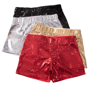 Nahaufnahme von Pailletten-Shorts mit hoher Taille in Schwarz, Silber, Gold und Rot