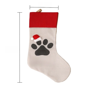 Linen Christmas stocking with paw print and Happy Howlidays text, size 47CM by 20CM