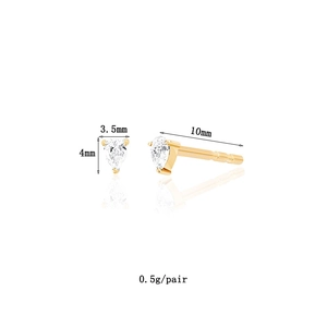Detail view of 3.5mm x 4mm gold pear-cut zircon stud earrings with product dimensions