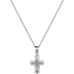 Polished silver titanium steel cross pendant necklace with rectangular crystal stones