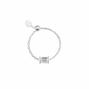 Macro detail of S925 sterling silver chain ring with rectangular zircon and logo tag
