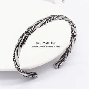 Retro twisted rope cuff bracelet for men in silver titanium steel with 8mm width