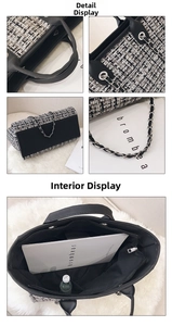 Macro view of plaid tweed tote bag showing metallic chain detail and interior storage