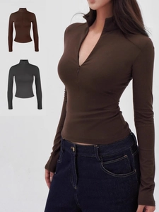 Women Slim Fit Long Sleeve T-Shirt Viscose Nylon Spandex Zip Mock Neck Solid Color Workout Yoga Athletic Casual Top