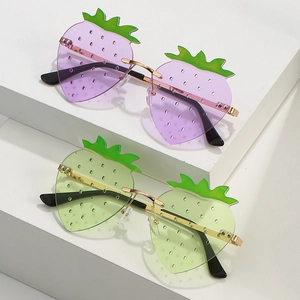 Chic rimless strawberry shaped sunglasses in purple and green with gold metal temples