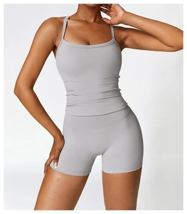 Detailed view of high-elasticity grey sports set featuring U-neck tank top and biker shorts