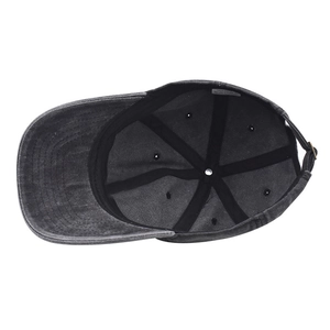 Detailed interior of washed charcoal cotton baseball cap with adjustable metal buckle and label