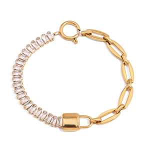 Close-up of gold titanium steel bracelet featuring zircon stones and a spring clasp