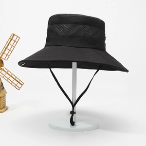 Outdoor sun hat in black with breathable mesh panel and adjustable chin strap