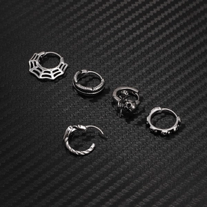 Gothic punk stainless steel hoop earring set with skull, spider web and feather charms
