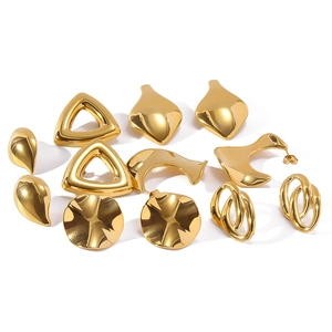 Detailed flat lay of diverse geometric 18K gold plated titanium steel earrings on white background