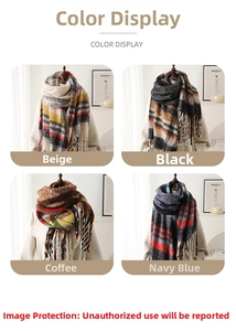 Detail view of plaid winter scarves with fringe in beige, black, coffee, and navy blue