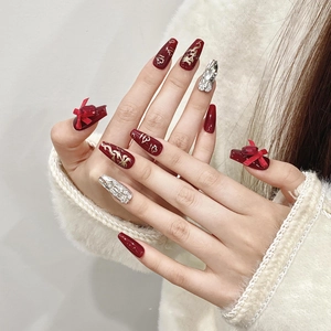 Handmade Press On Nails Coffin Shape Dark Red Gold Dragon Embossed Rhinestone Artificial Nails With 3D Bow For Women Party Decor