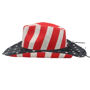 Detailed view of the woven American flag pattern and curved brim on the denim cowboy hat