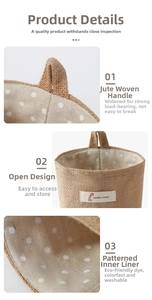 Cotton linen hanging storage bag with wide hemp handles, open top, and polka dot pattern.