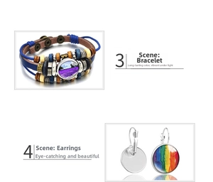 Detailed view of layered leather bracelet and rainbow crystal glass earrings set