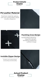 Detail of black PU leather pillow cover featuring cross-punching and invisible zipper