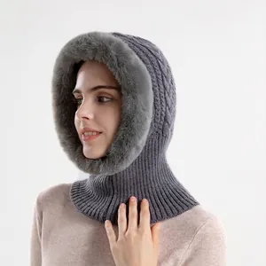 Women's dark grey winter knit hood with integrated neck warmer and soft faux fur trim