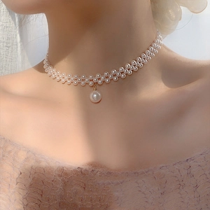 Double Layer Faux Artificial Pearl Choker Necklace With Rhinestone Alloy Pendant For Women Retro Elegant Jewelry