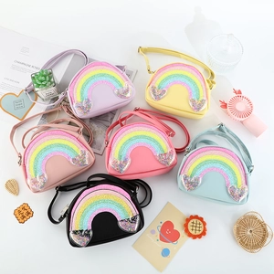 Cute macaron color rainbow crossbody bag for kids featuring sequin heart patches
