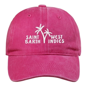 Close-up of Saint Barth embroidery on pink washed cotton vintage baseball cap