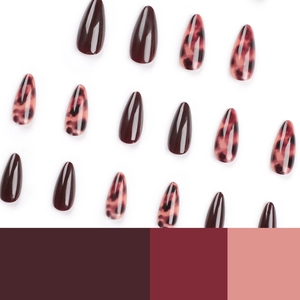 Glossy burgundy and tortoise shell pattern long almond press-on nails set for women