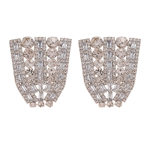 Luxury fan-shaped rhinestone stud earrings with sparkling silver zircon in geometric style