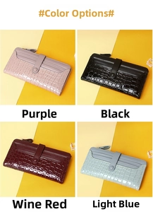 Detail view of crocodile pattern long wallets in purple, black, burgundy and light blue