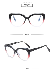 Cat eye blue light blocking glasses frame in black and red gradient finish, front and side view