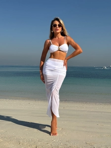 Three-piece white mesh tube top beachwear set with slit long skirt and bikini shorts