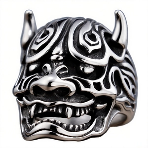 Vintage punk style stainless steel ring featuring a detailed silver Prajna mask design