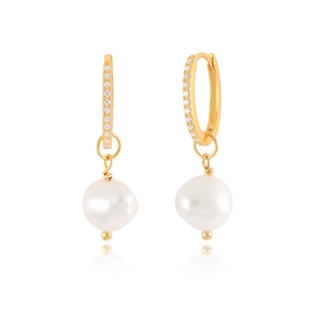Macro detail of S925 silver gold-plated hoop earrings with baroque pearls and diamonds