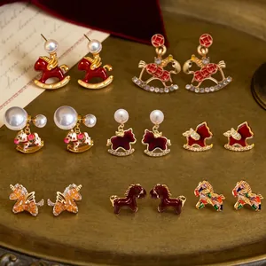 Horse Rocking Horse Dangle Earrings 18K Gold Plated Copper With Silver Earring Post Zircon Enamel Artificial Pearl Holiday Jewelry