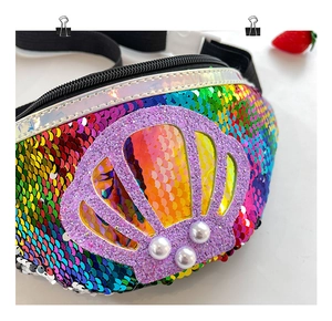 Detail of colorful sequin fanny pack for girls with glitter shell and pearls