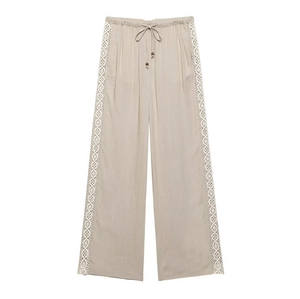 Women's beige wide-leg pants with side lace trim and drawstring waist design