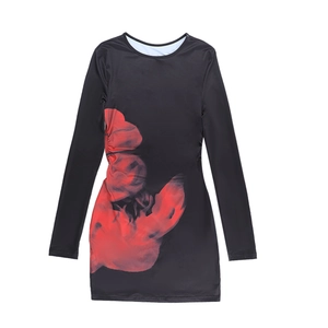 Detail view of bodycon long sleeve dress with side red smoke print on black fabric