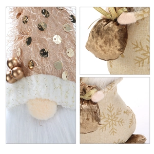 Close-up detail of sequined hat and plush material on Christmas gnome decoration