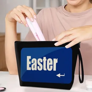 Black Easter bunny toiletry bag with blue graffiti print for outdoor travel storage