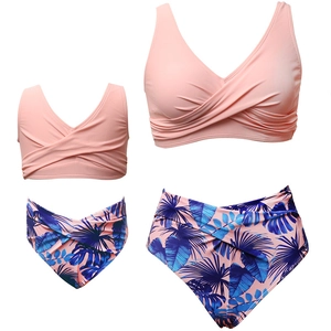 Pink V-neck top and tropical blue palm leaf print bikini set for mother and daughter