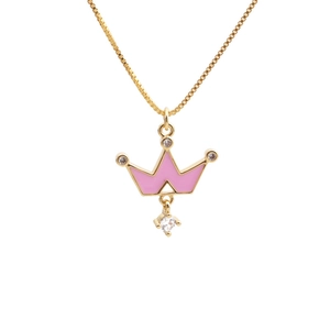 Fashionable gold plated crown pendant necklace with pink enamel and sparkling crystals