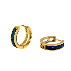 Elegant gold-plated stainless steel huggie earrings featuring blue square-cut crystals