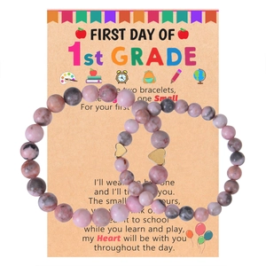 First day of school natural stone heart charm bracelet set on presentation card