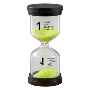 One minute hourglass timer with green sand and black lids on a white background