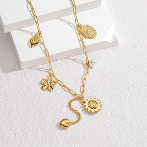 Vintage 18K gold-plated stainless steel necklace with pearl and mixed floral charms