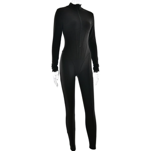 Detail of black long sleeve bodysuit with front zipper closure and slim fit design
