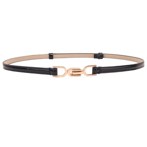 Minimalist black patent leather skinny belt with elegant interlocking gold metal buckle