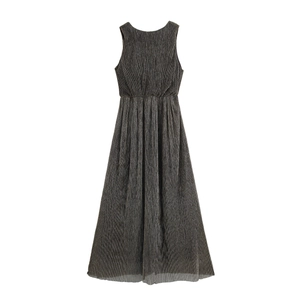 Elegant sleeveless deep V-neck maxi dress with metallic pleated texture and waist cinching