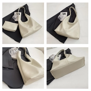 Detailed views of a beige large capacity tote bag with lychee texture and inner pouch