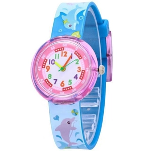 Waterproof children quartz watch with blue dolphin silicone strap and colorful dial